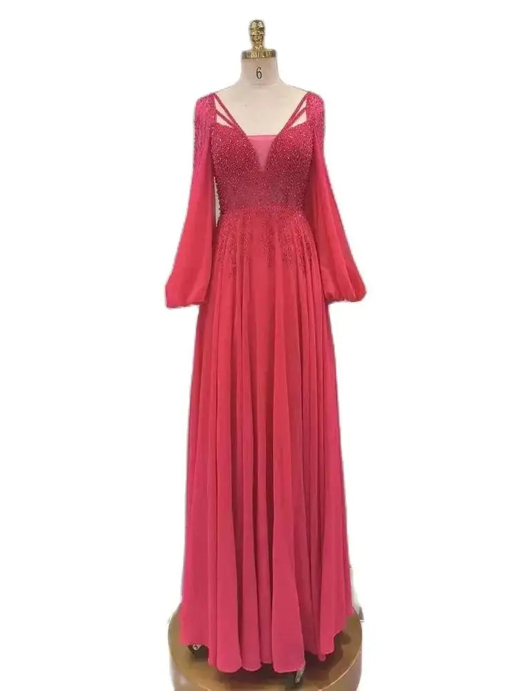 Vestido de noche largo de lujo con cuentas brillantes, corte A, color fucsia árabe, para mujer, fiesta 2025, LA72380