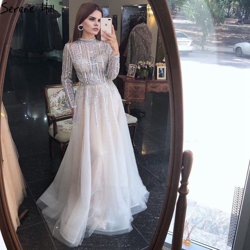 Vestidos de noche musulmanes de lujo con cuentas, mangas largas, color plata, corte A, cristales, para mujer, fiesta, LA70514