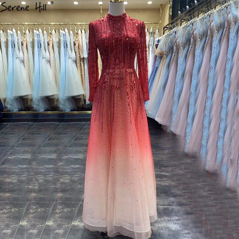Vestidos de noche musulmanes de lujo con cuentas, mangas largas, color plata, corte A, cristales, para mujer, fiesta, LA70514