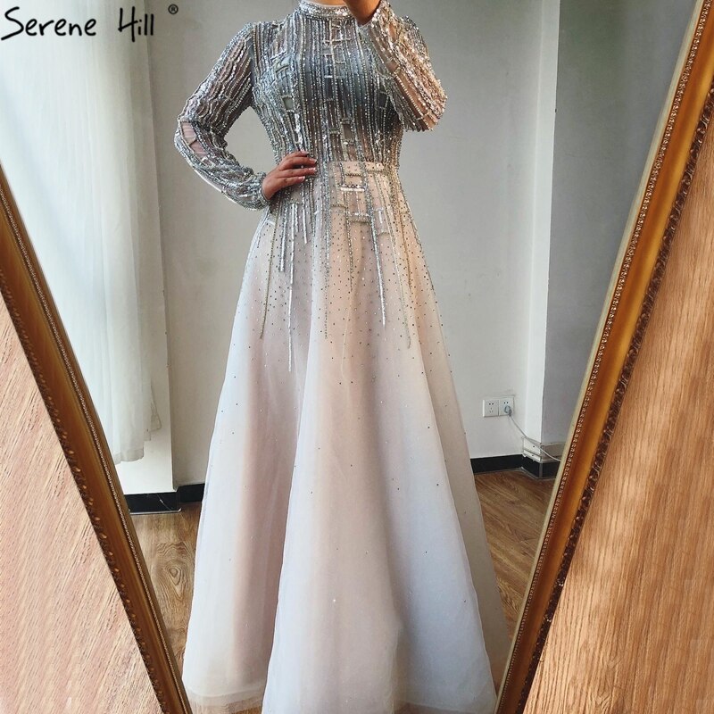 Vestidos de noche musulmanes de lujo con cuentas, mangas largas, color plata, corte A, cristales, para mujer, fiesta, LA70514