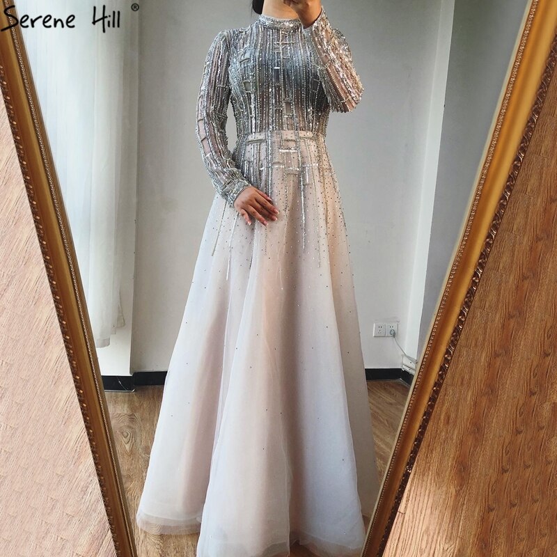 Vestidos de noche musulmanes de lujo con cuentas, mangas largas, color plata, corte A, cristales, para mujer, fiesta, LA70514