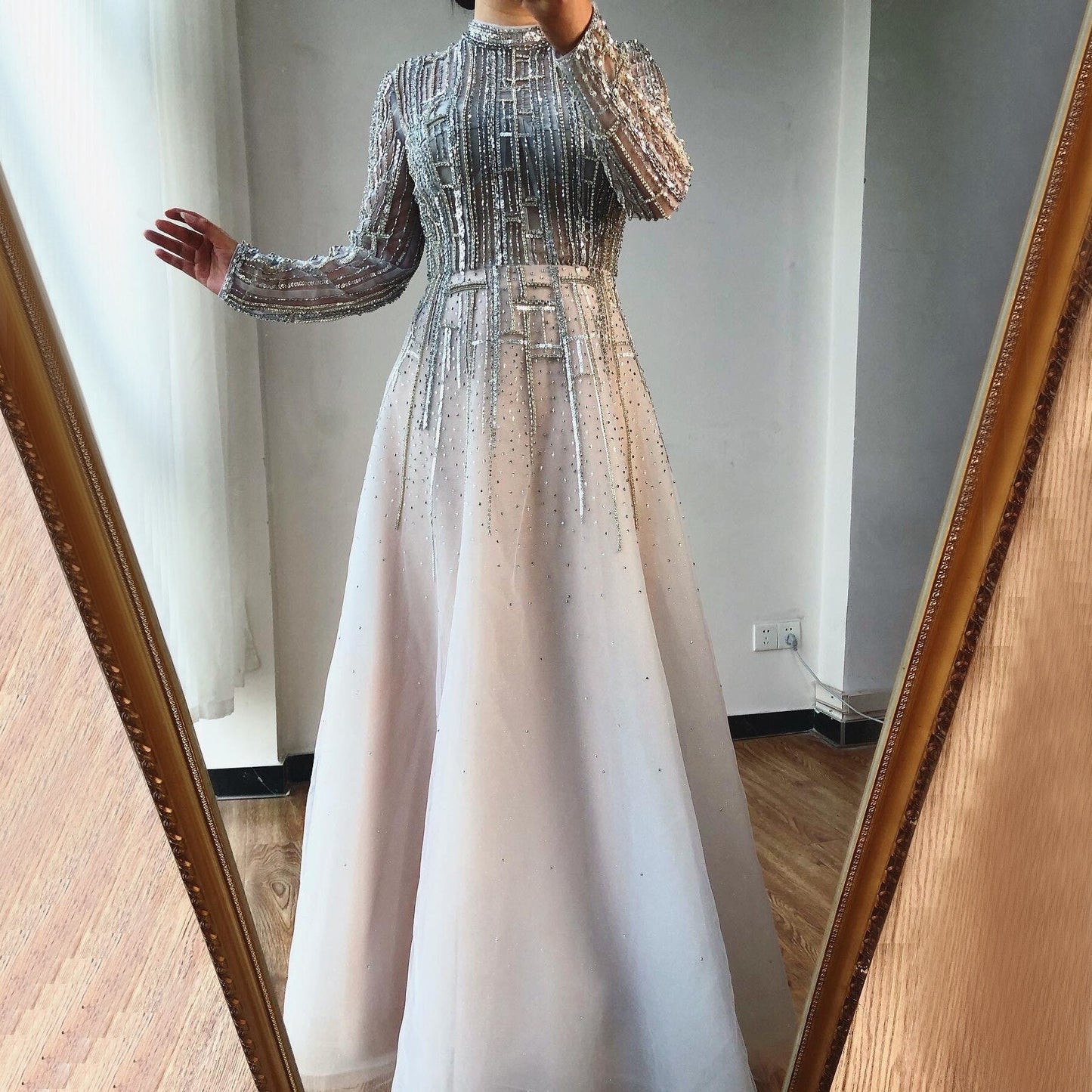 Vestidos de noche musulmanes de lujo con cuentas, mangas largas, color plata, corte A, cristales, para mujer, fiesta, LA70514