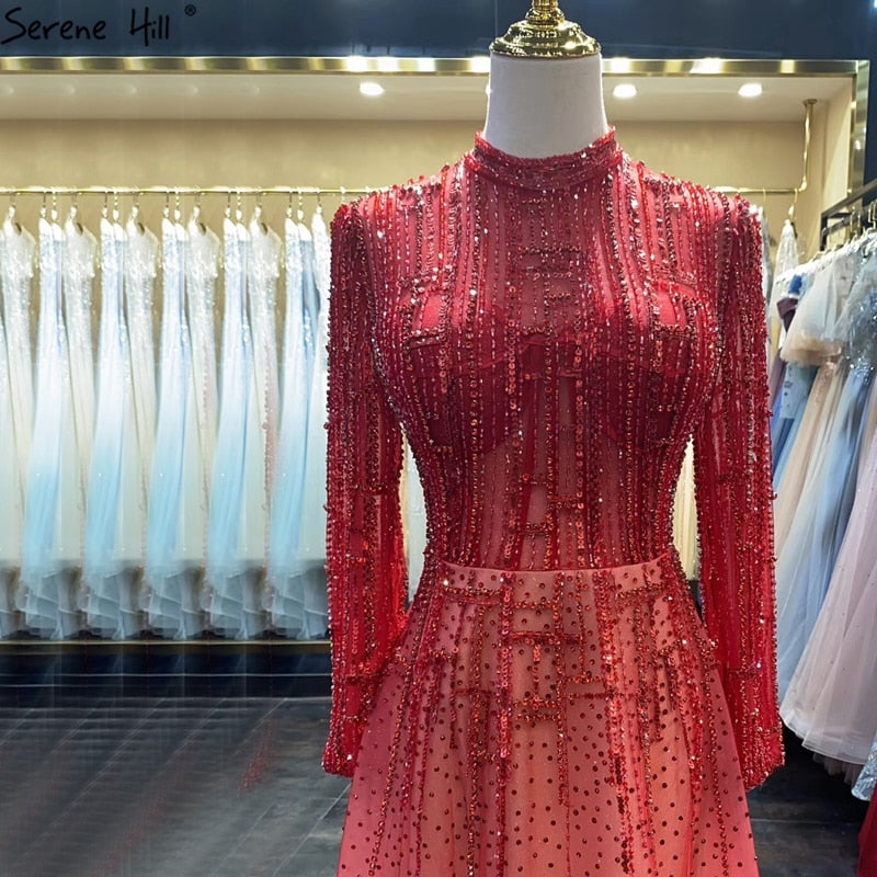 Vestidos de noche musulmanes de lujo con cuentas, mangas largas, color plata, corte A, cristales, para mujer, fiesta, LA70514