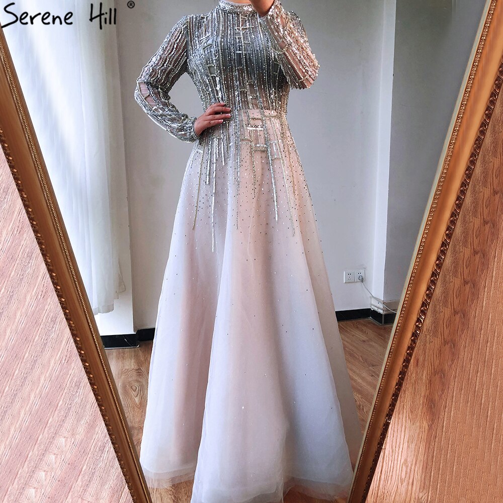 Vestidos de noche musulmanes de lujo con cuentas, mangas largas, color plata, corte A, cristales, para mujer, fiesta, LA70514
