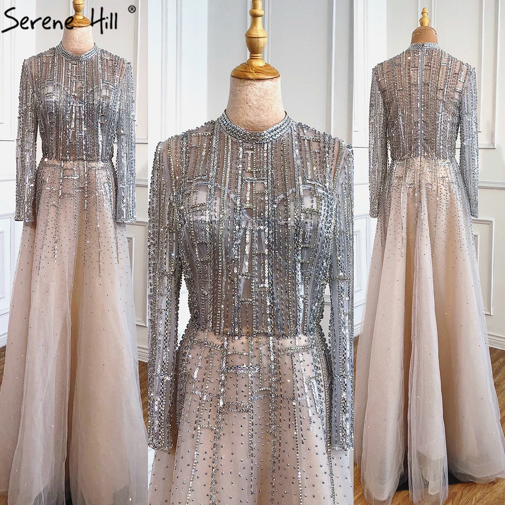 Vestidos de noche musulmanes de lujo con cuentas, mangas largas, color plata, corte A, cristales, para mujer, fiesta, LA70514