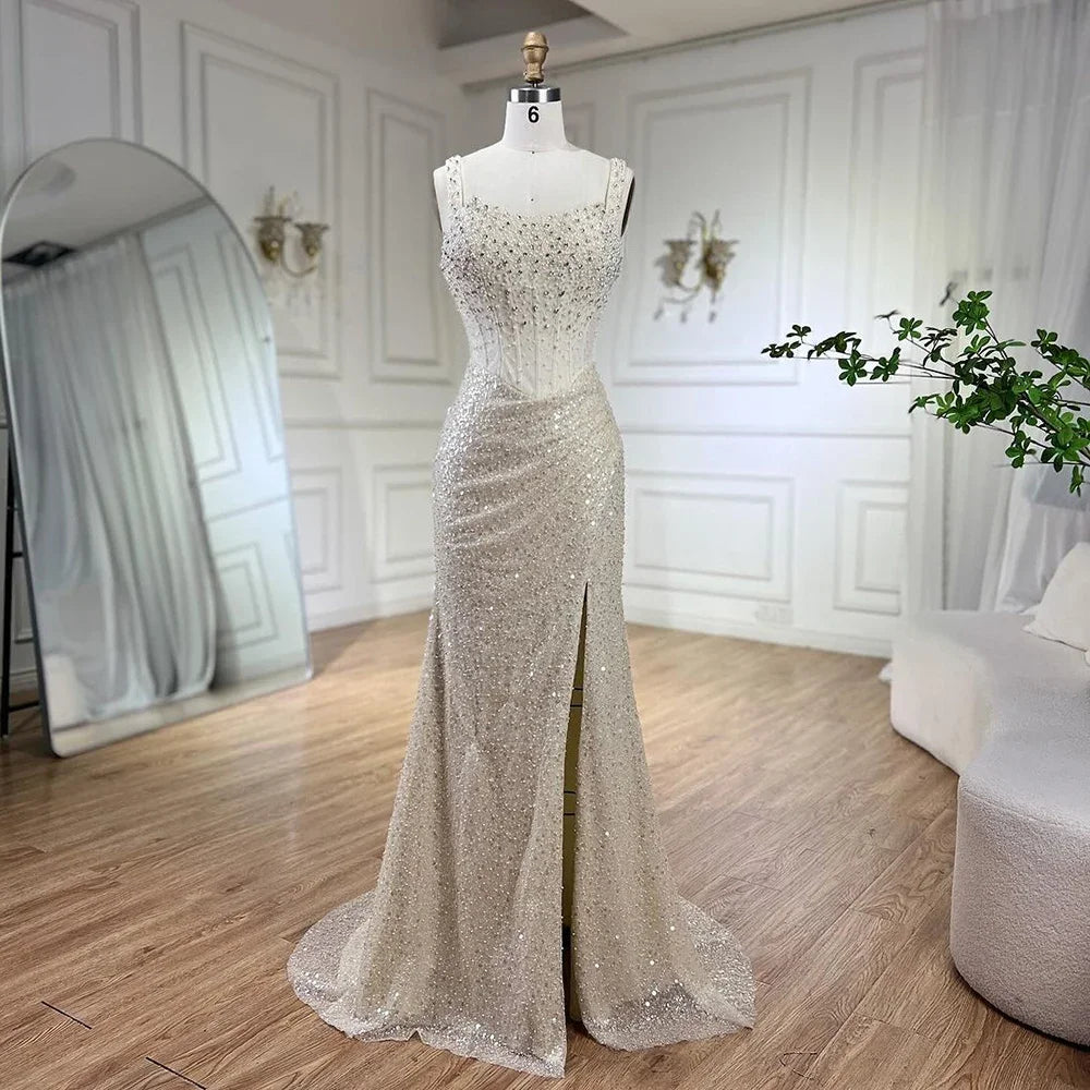 Beige Meerjungfrau Bodenlangen Abendkleider Luxus Perlen Kristall Spaghetti Strap Party Kleider Für Frauen 2025 LA72163