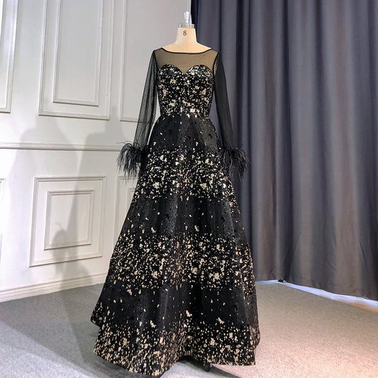 En oferta, sin devolución ni reembolso, vestido de noche negro sexy de corte A, vestidos de noche 2025 con cuello redondo, mangas largas, plumas, de lujo para mujer, fiesta de boda LA71480L
