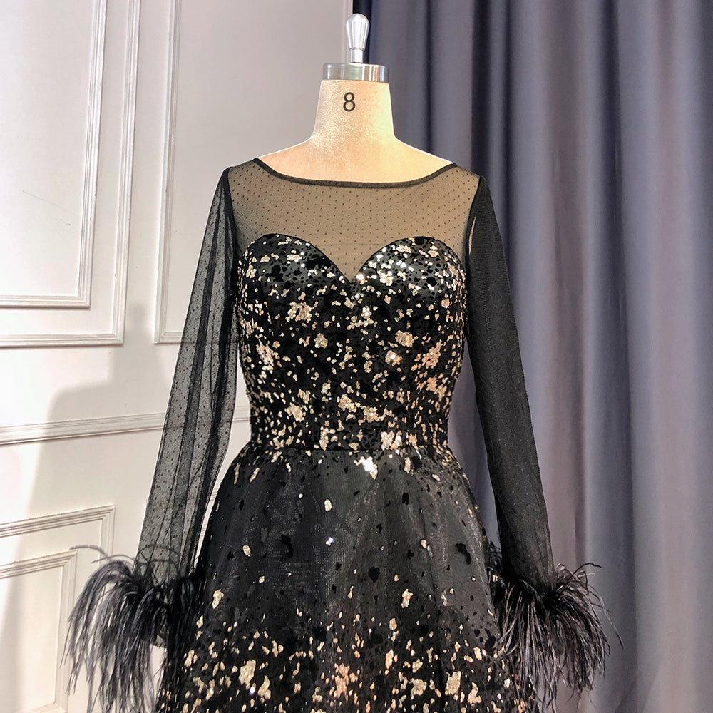 En oferta, sin devolución ni reembolso, vestido de noche negro sexy de corte A, vestidos de noche 2025 con cuello redondo, mangas largas, plumas, de lujo para mujer, fiesta de boda LA71480L