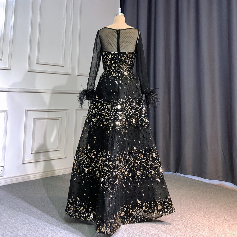 En oferta, sin devolución ni reembolso, vestido de noche negro sexy de corte A, vestidos de noche 2025 con cuello redondo, mangas largas, plumas, de lujo para mujer, fiesta de boda LA71480L