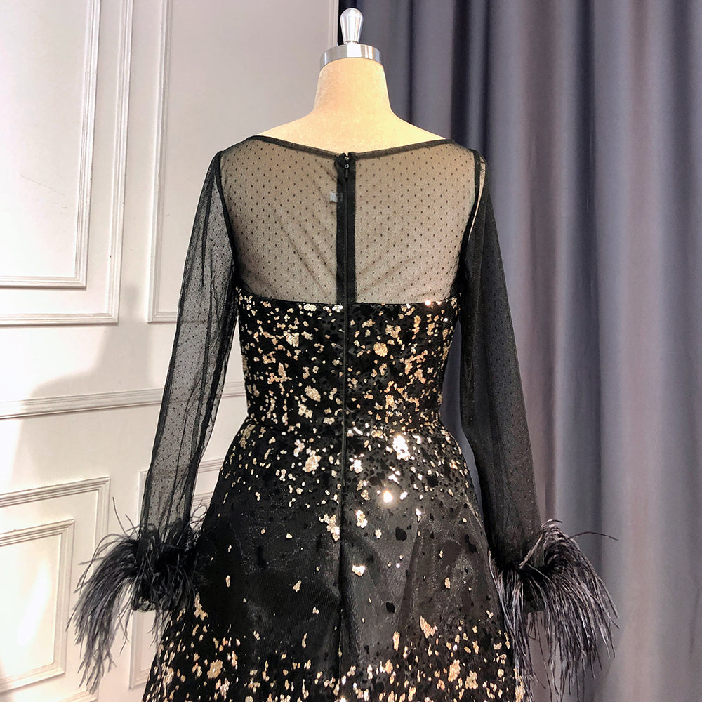 En oferta, sin devolución ni reembolso, vestido de noche negro sexy de corte A, vestidos de noche 2025 con cuello redondo, mangas largas, plumas, de lujo para mujer, fiesta de boda LA71480L