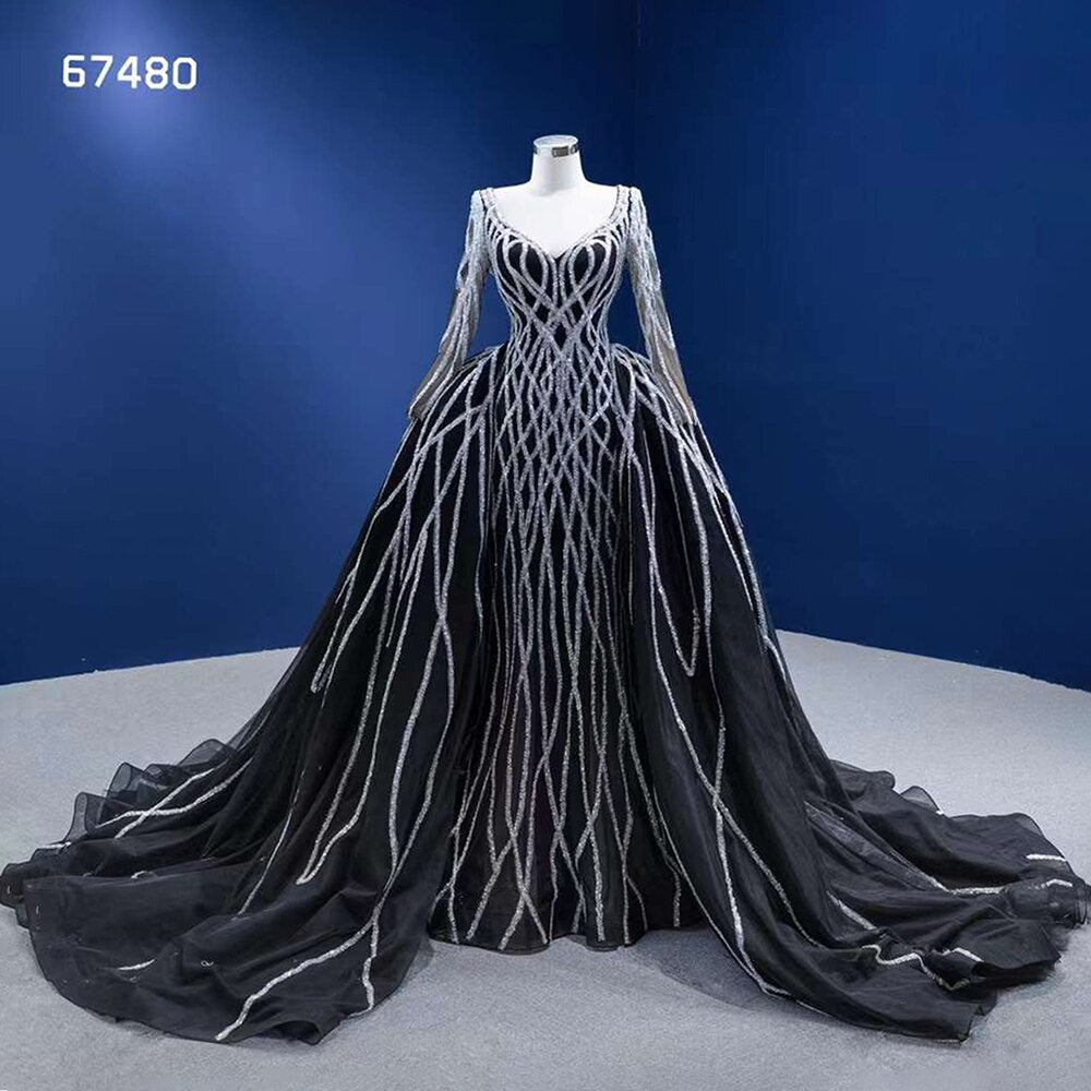 Vestido de novia de alta gama con falda desmontable de sirena negra, lentejuelas brillantes y cuentas, hecho a medida HM67480
