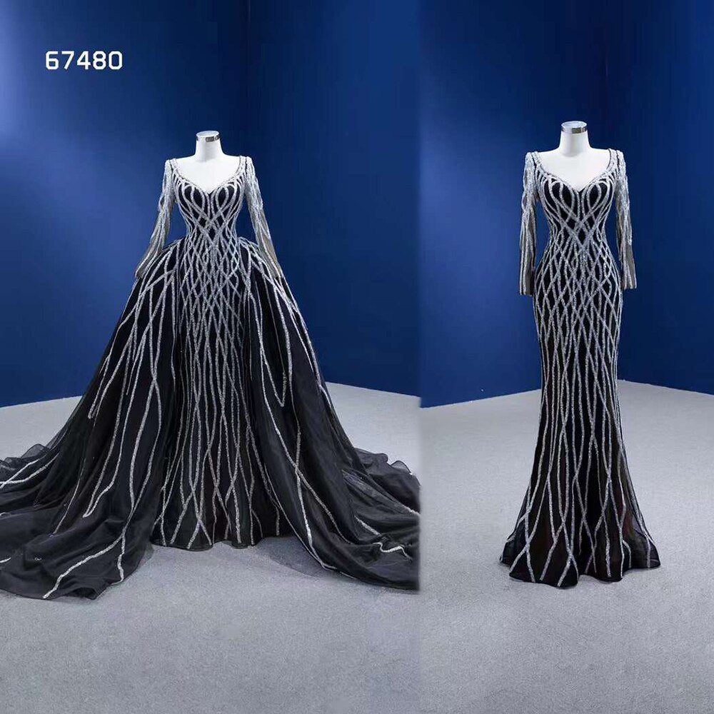 Vestido de novia de alta gama con falda desmontable de sirena negra, lentejuelas brillantes y cuentas, hecho a medida HM67480
