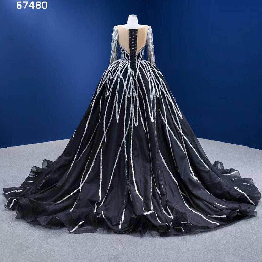 Vestido de novia de alta gama con falda desmontable de sirena negra, lentejuelas brillantes y cuentas, hecho a medida HM67480