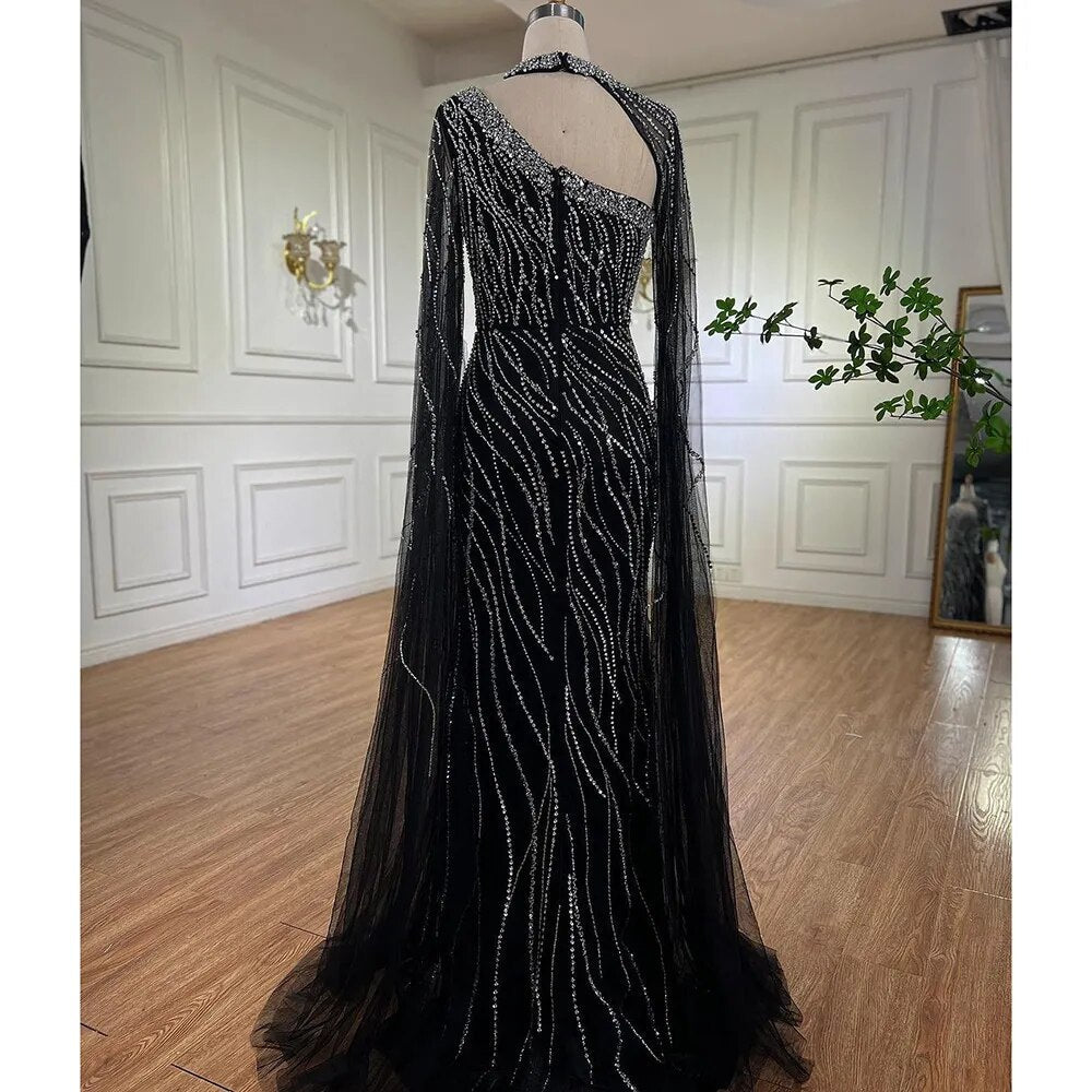 Vestido de noche elegante de sirena negra con mangas estilo capa y cuentas, de lujo, para mujer, estilo árabe, para fiesta, 2025, LA72112