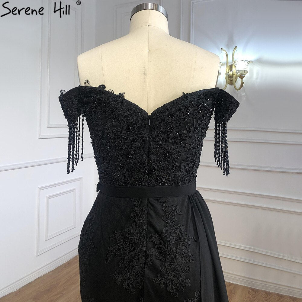 Elegante vestido de noche negro de sirena, con encaje y cuentas, de lujo, para mujer, para fiesta, LA70975