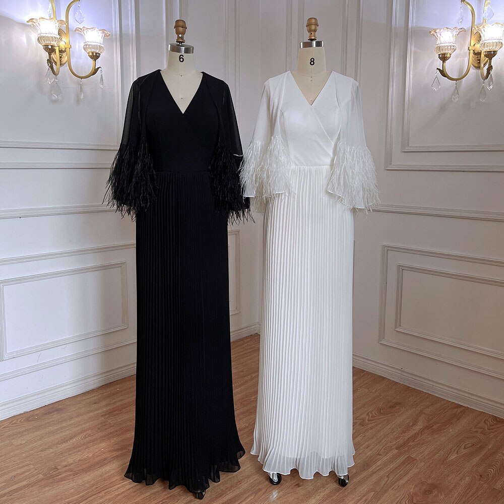 Vestido de noche marroquí elegante con mangas de capa y plumas de sirena negra para mujer, ideal para bodas 2025 LA71852