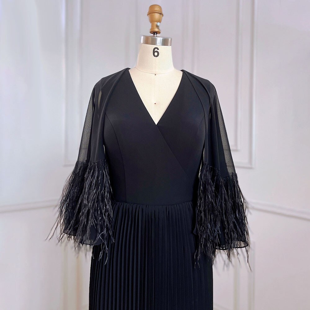 Vestido de noche marroquí elegante con mangas de capa y plumas de sirena negra para mujer, ideal para bodas 2025 LA71852