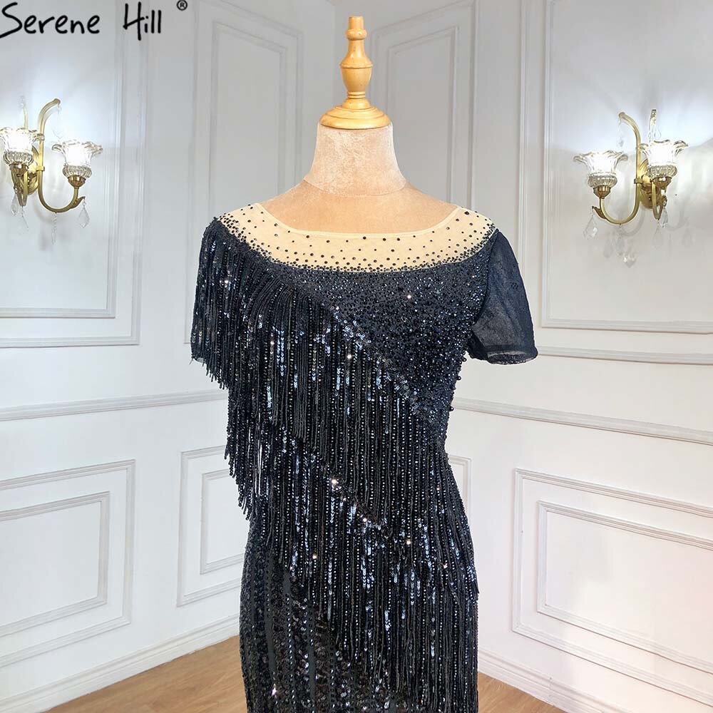 Vestidos de noche de lujo de sirena negra, con borlas y cuentas, elegantes para mujer, para fiesta, LA71386