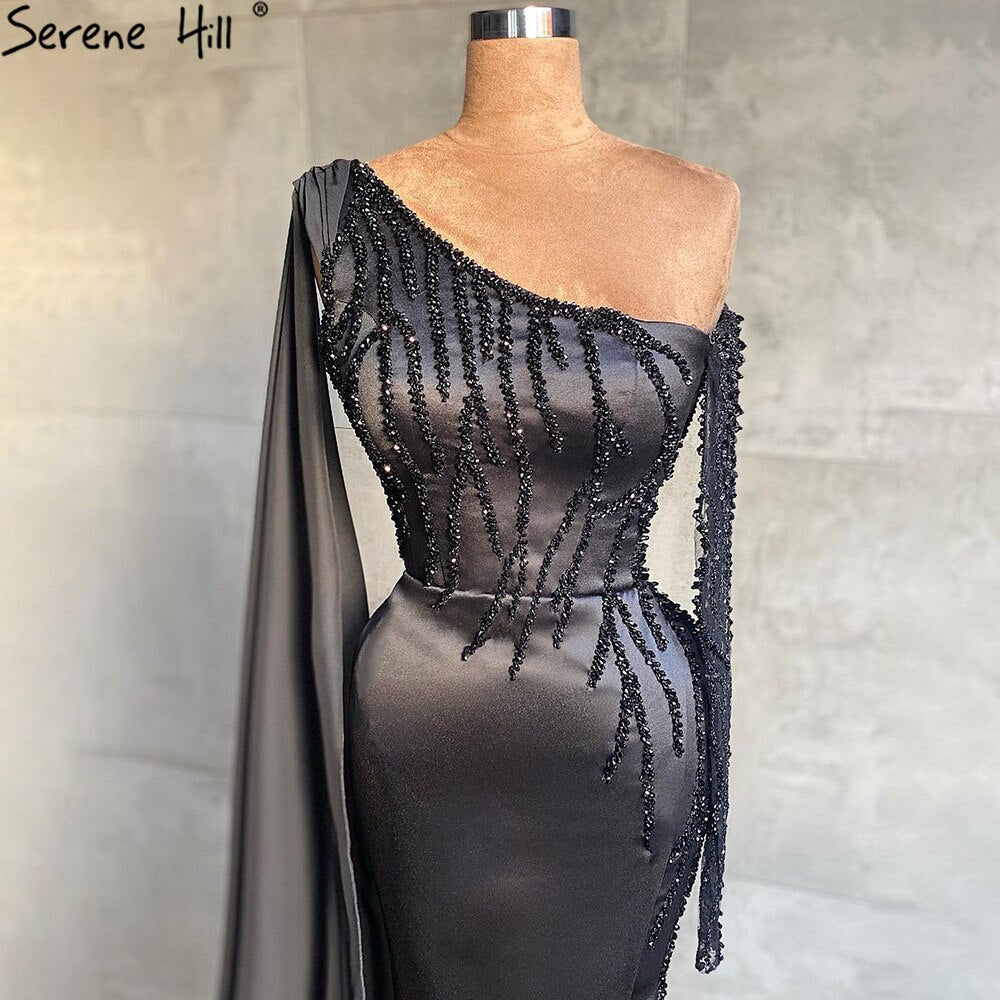 Schwarze Mermiad Split Satin Abendkleider Kleider 2025 Elegante Perlen Eine Schulter Für Frauen Party LA71089