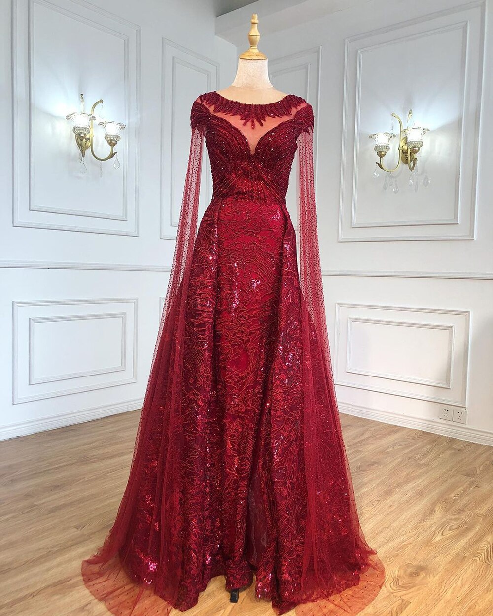 Vestido de noche elegante de sirena con mangas negras y encaje con cuentas, estilo capa, para mujer, fiesta, LA71173