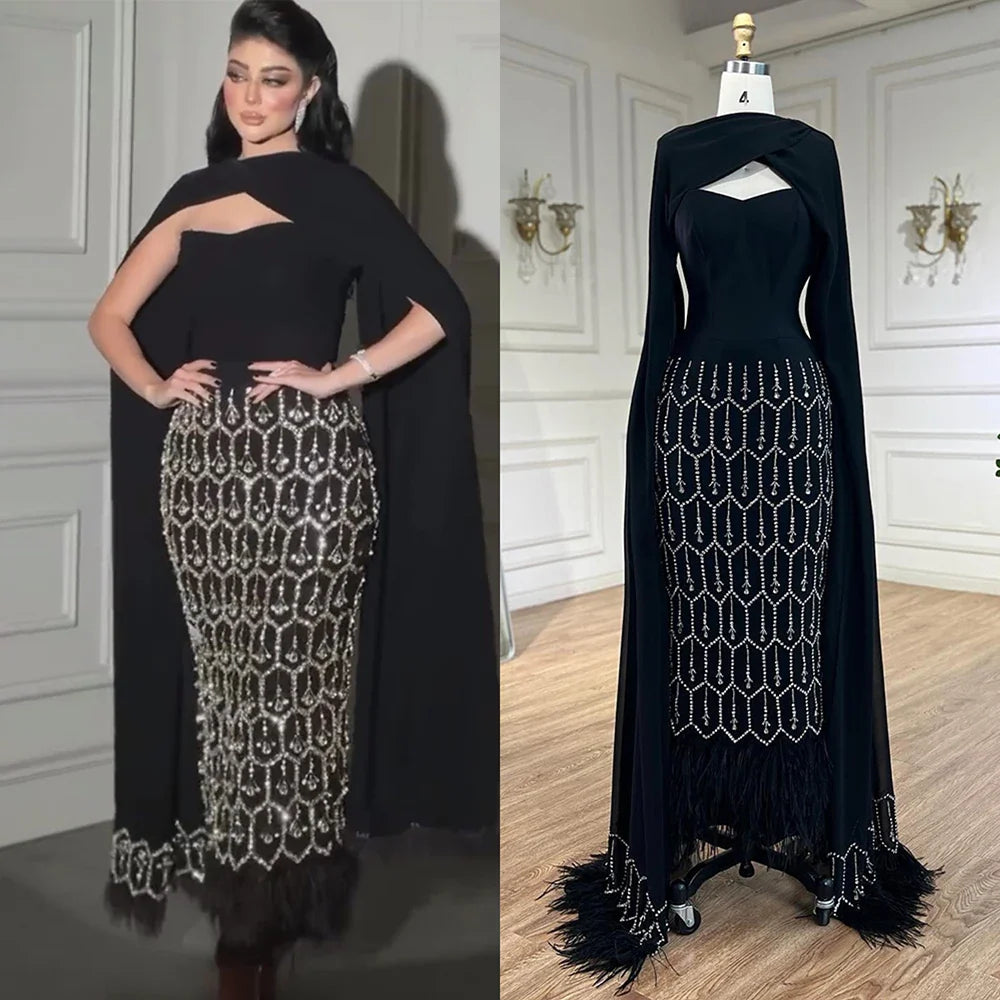 Vestido de noche árabe de sirena negro brillante con capa de plumas, vestidos formales para fiesta de graduación, vestidos de boda LA72410