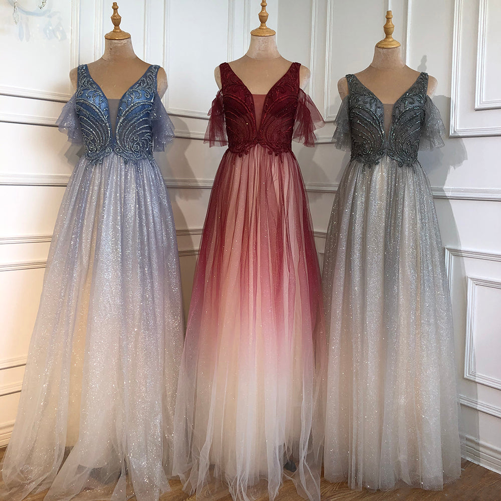 En oferta, sin devolución ni reembolso, vestido de noche azul de corte A, sexy, con cuentas, de lujo, para mujer, para fiesta de boda, LA70775