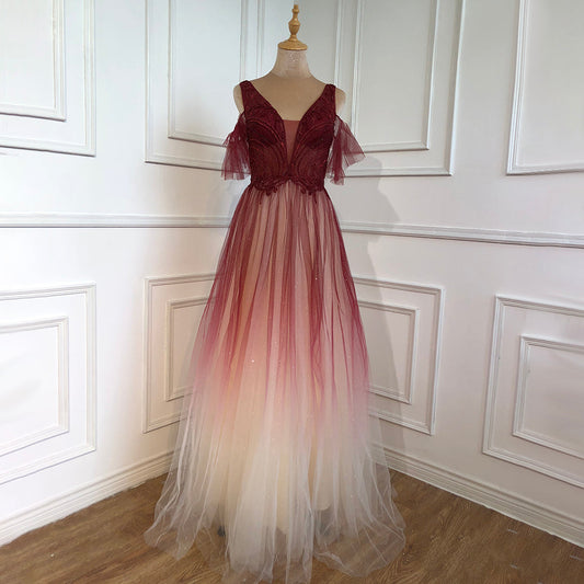 En oferta, sin devolución ni reembolso, vestido de noche azul de corte A, sexy, con cuentas, de lujo, para mujer, para fiesta de boda, LA70775