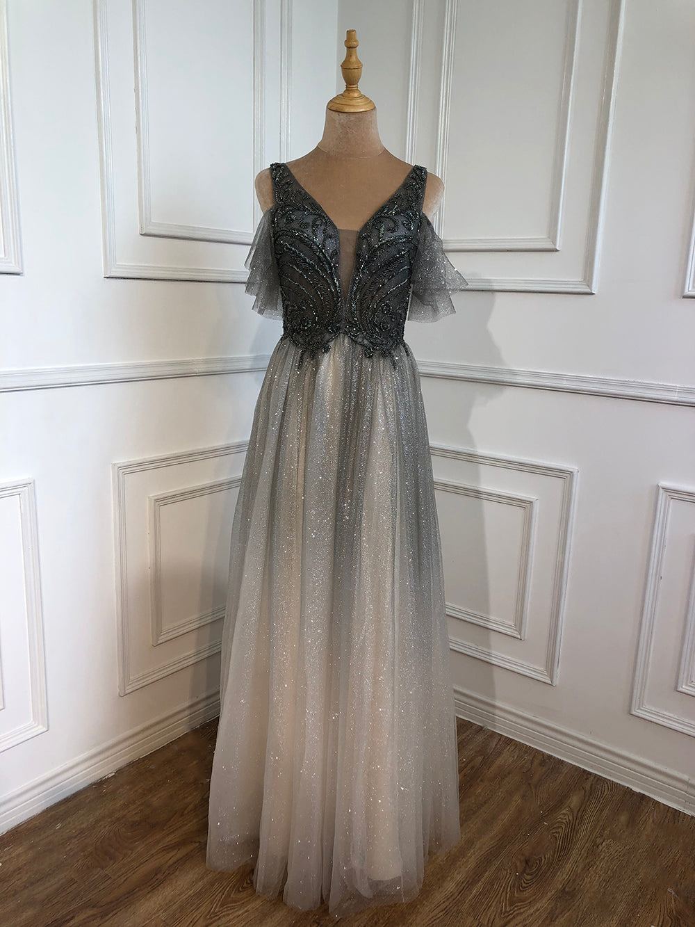 En oferta, sin devolución ni reembolso, vestido de noche azul de corte A, sexy, con cuentas, de lujo, para mujer, para fiesta de boda, LA70775