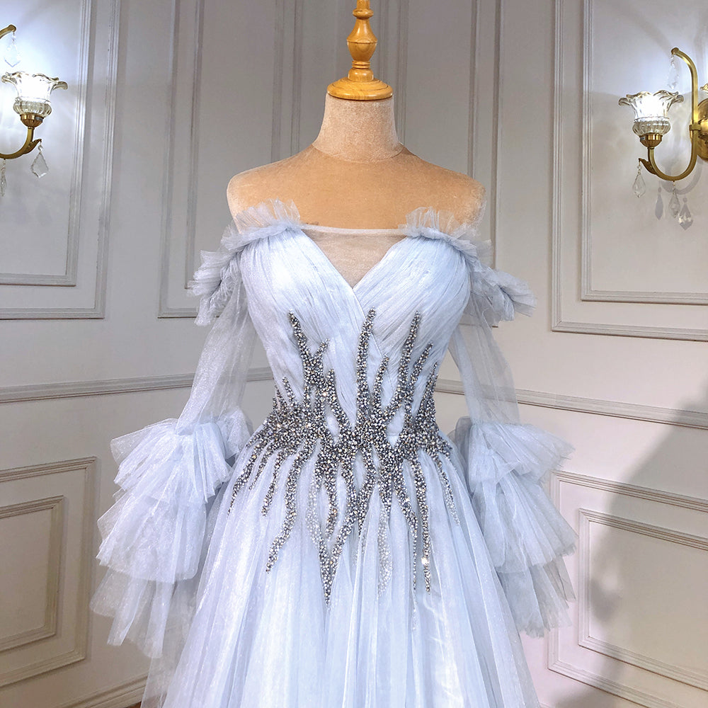 Blau A-linie Sexy Abendkleider Kleider 2025 Perlen Boot-ausschnitt Für Frauen Hochzeit Party LA71483