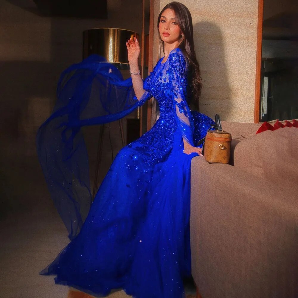 Blau Arabisch Cape Ärmel Perlen Luxus Dubai Abendkleider Kleider Formale Kleider 2025 Für Frauen Hochzeit Party LA70454