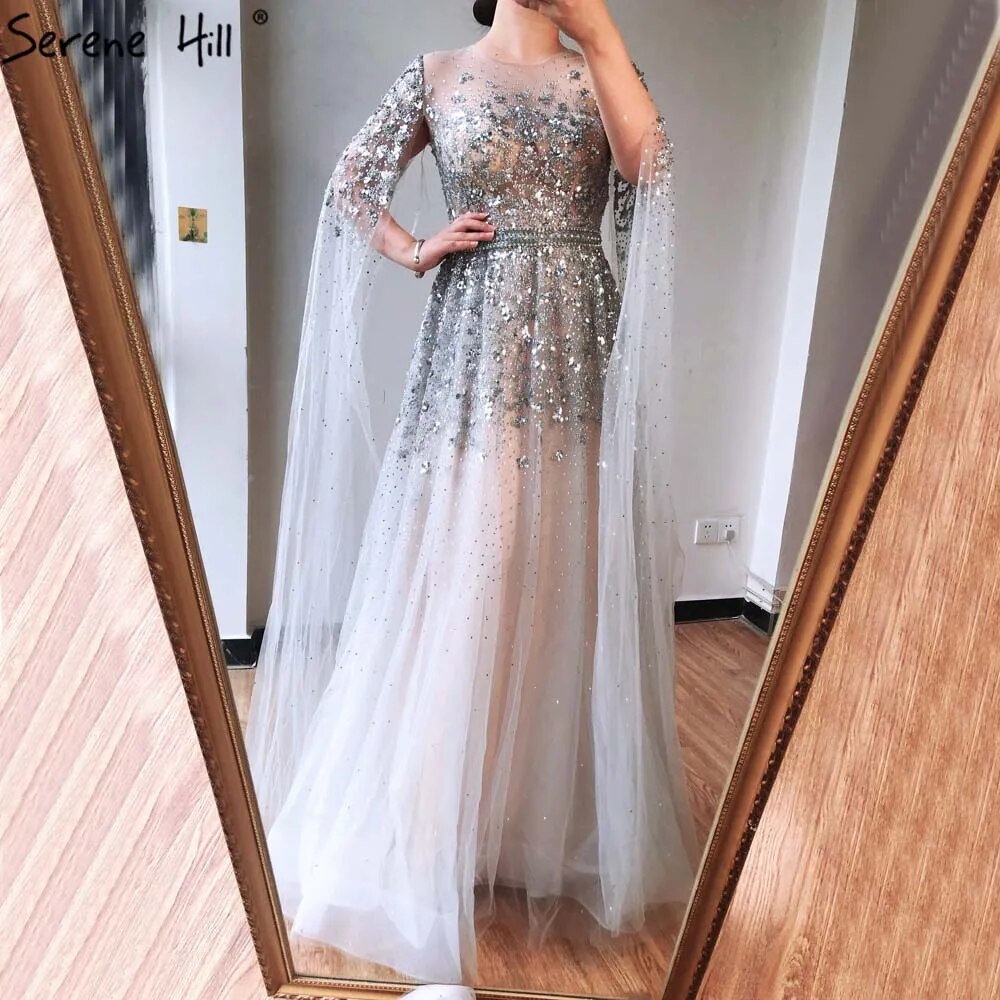 Blau Arabisch Cape Ärmel Perlen Luxus Dubai Abendkleider Kleider Formale Kleider 2025 Für Frauen Hochzeit Party LA70454