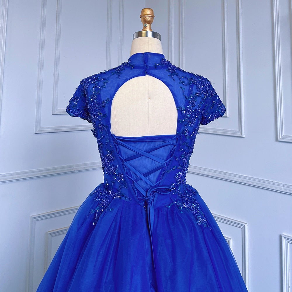 Vestido de noche azul de tul con mangas cortas y cuentas de lujo para mujer, 2025, para fiesta, LA70477