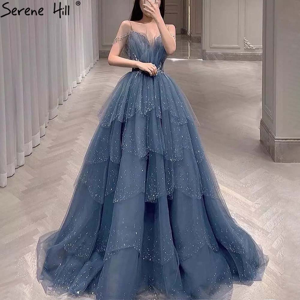 Vestidos de noche azules con cuentas brillantes y tirantes finos, sexys, para mujer, 2025, para fiesta, LA71292