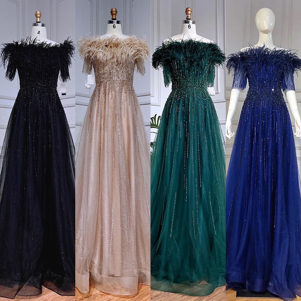 Vestidos de noche de lujo con escote barco azul, mangas cortas, apliques de cuentas y plumas, corte A para mujer, fiesta LA71524