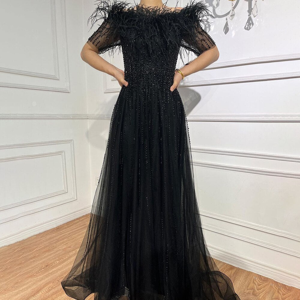 Vestidos de noche de lujo con escote barco azul, mangas cortas, apliques de cuentas y plumas, corte A para mujer, fiesta LA71524