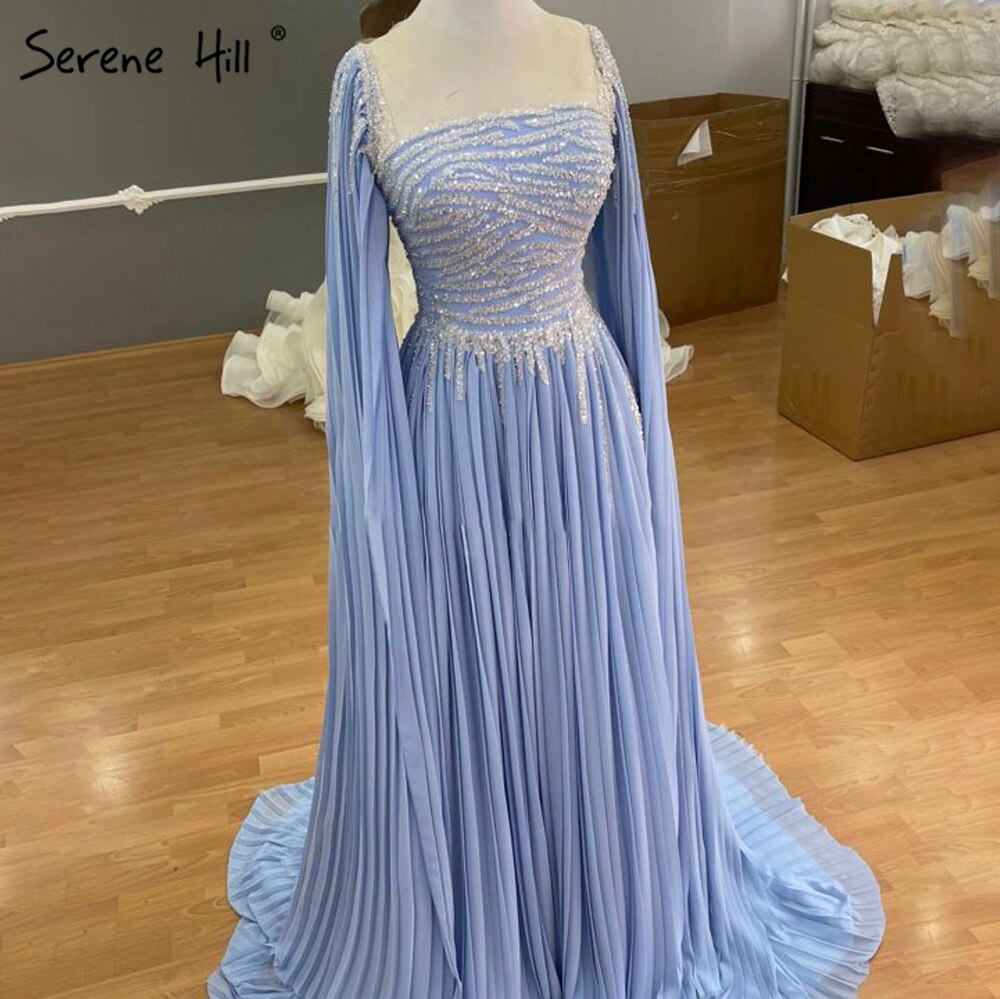 Vestidos de noche con mangas largas azules, corte A, de gasa y cuentas, para mujer, para fiesta, LA71319