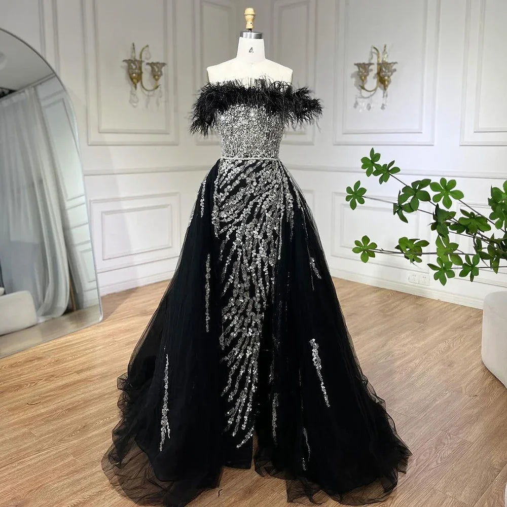 Blau Diamant Feder Meerjungfrau Elegant Mit Überrock Abendkleider Kleider 2025 Für Frauen Hochzeit Party LA72061