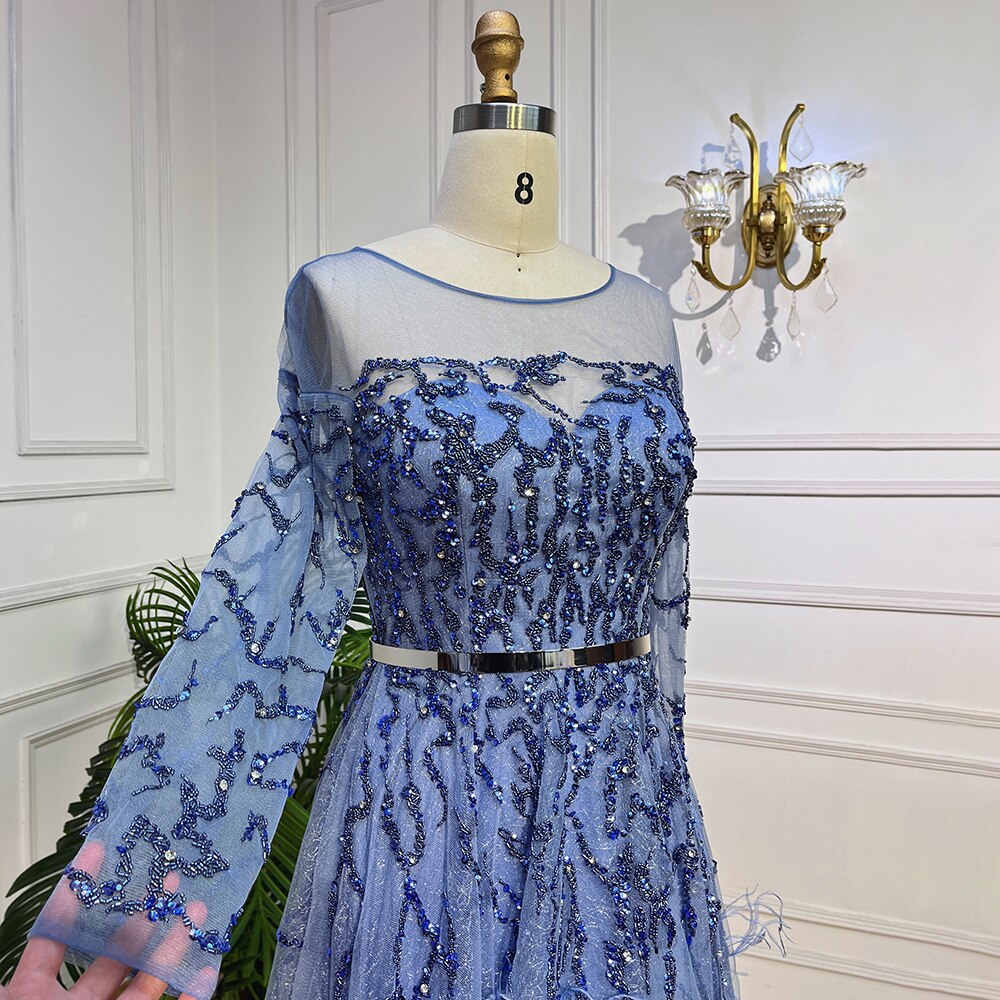Blau Elegante EINE Linie Spitze Perlen Federn Arabisch Luxus Abendkleider Kleider 2025 Für Frauen Hochzeit Party LA71935A