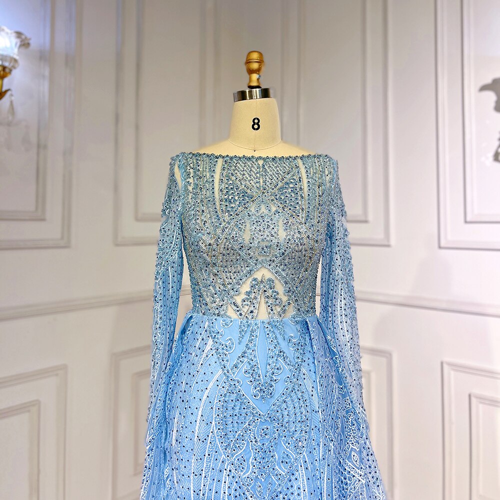 Blau Elegante Meerjungfrau Über Rock Spitze Perlen Bodenlangen Muslimischen Abendkleider Kleider Für Frauen Party 2025 LA71830