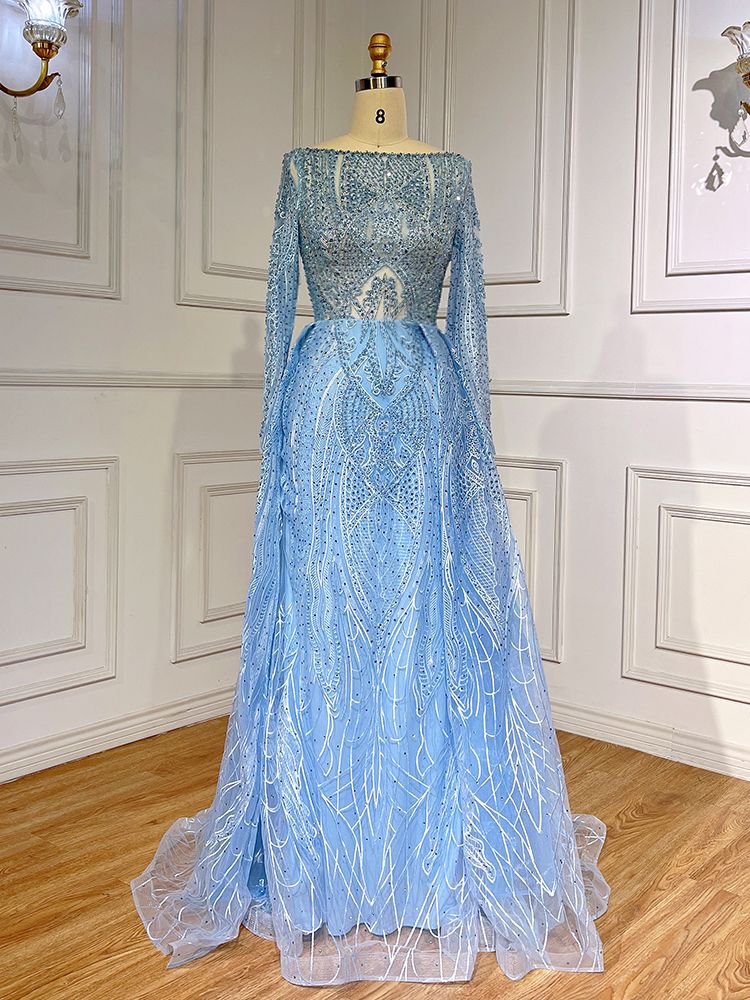 Blau Elegante Meerjungfrau Über Rock Spitze Perlen Bodenlangen Muslimischen Abendkleider Kleider Für Frauen Party 2025 LA71830