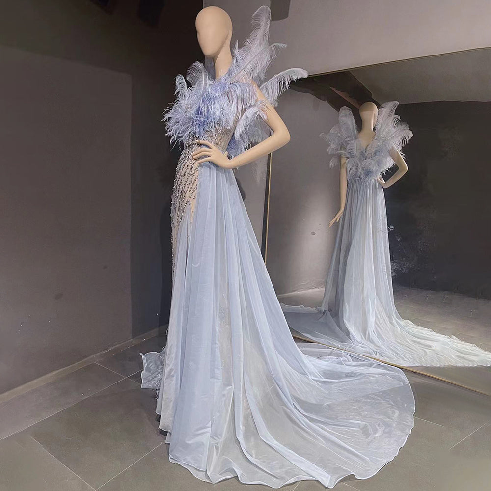 Blaue Feder Perlen Abendkleider Kleider 2025 Meerjungfrau Luxus Elegante Für Frauen Party LA71587