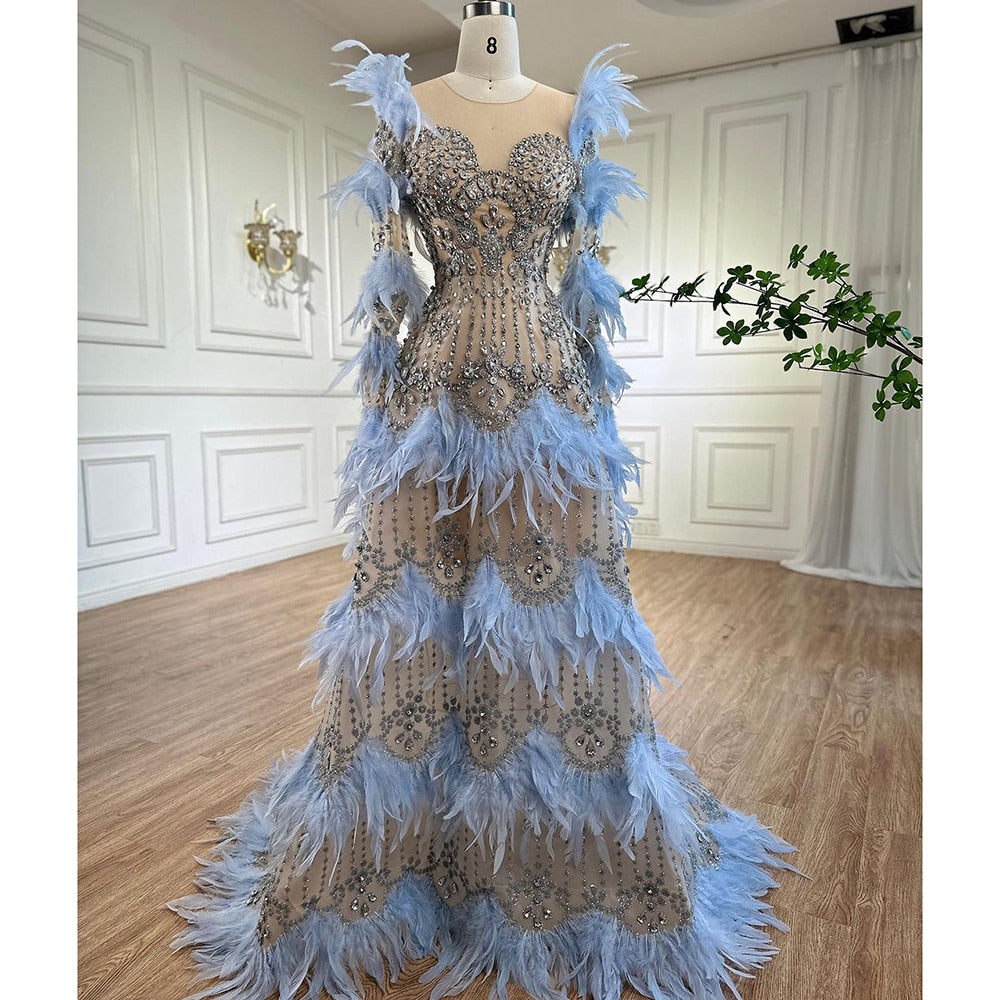 Blaue Federn Luxus Perlen A-Linie Lange Ärmel Elegantes Abendkleid 2025 Für Frauen Formales Partykleid LA71816