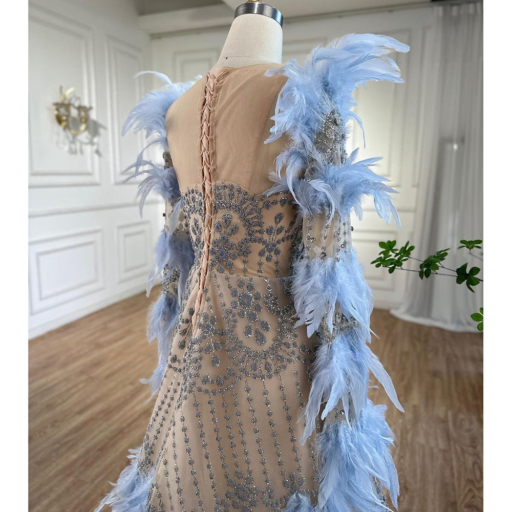Blaue Federn Luxus Perlen A-Linie Lange Ärmel Elegantes Abendkleid 2025 Für Frauen Formales Partykleid LA71816