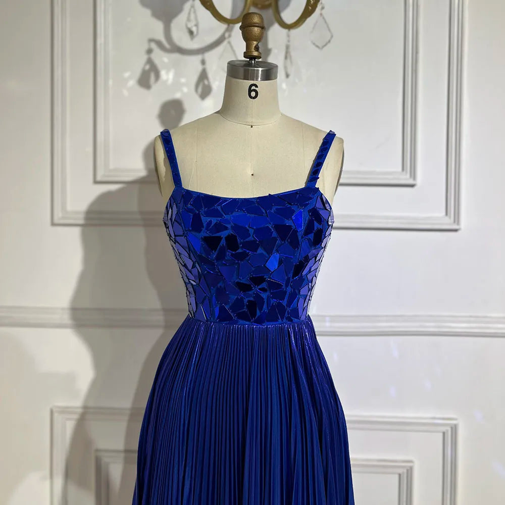 Vestido de noche azul de sirena con tirantes halter, espalda con cordones y cuentas y lentejuelas para mujer | Fiesta de bodas 2025 LA72612