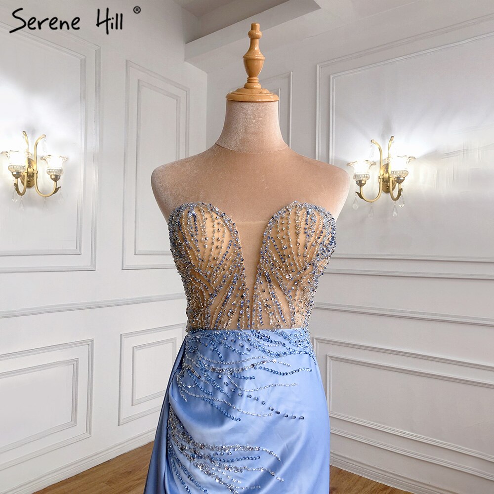 Vestido de noche azul de corte sirena con abertura alta, elegante, con cuentas, para mujer, fiesta, LA71262