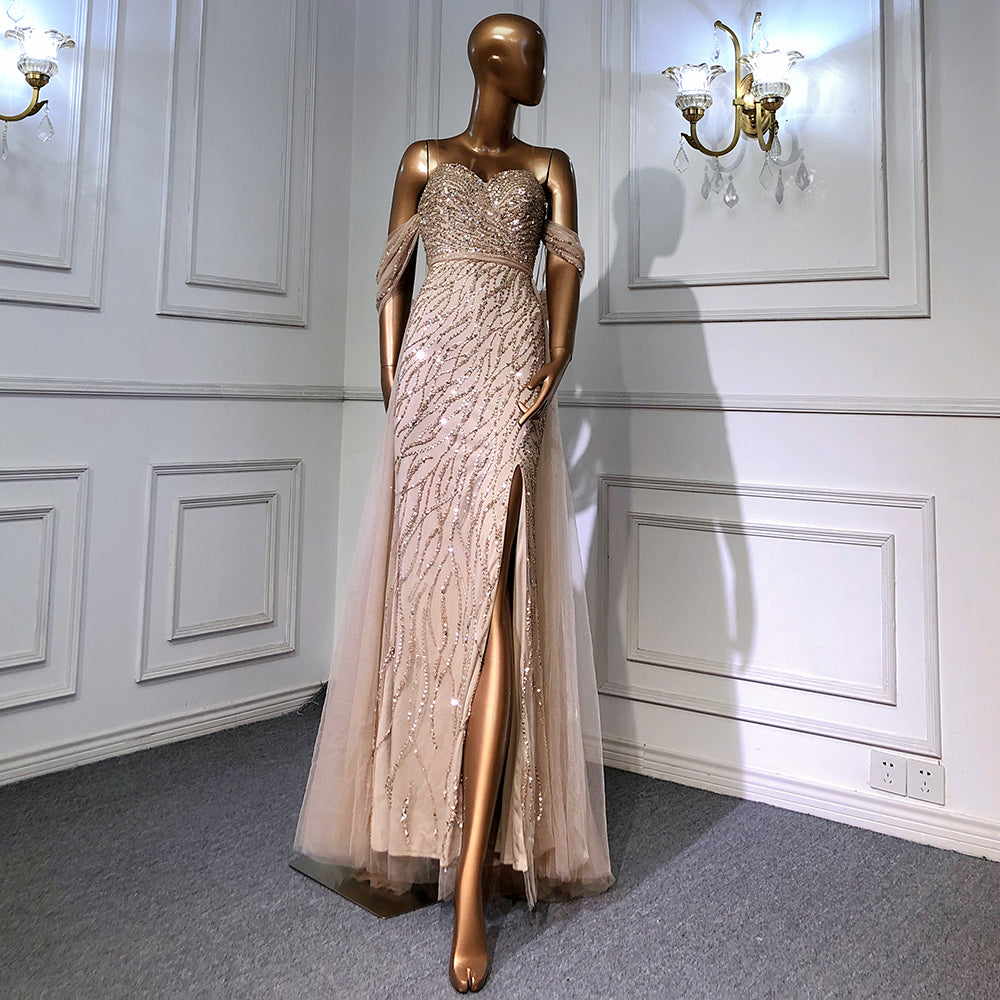 Vestido de noche azul de corte sirena con abertura alta, elegante, de lujo, con cuentas, para mujer, fiesta, LA71595