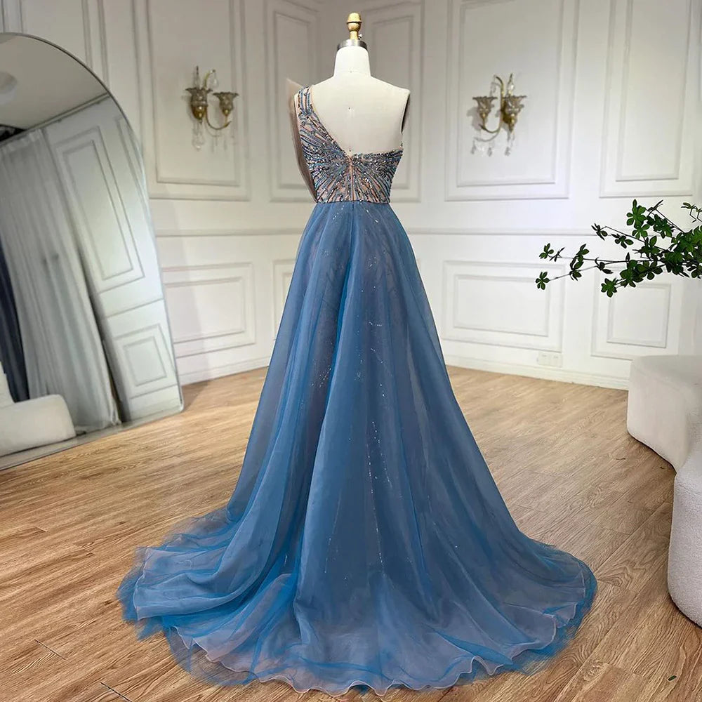 Vestido de noche azul de corte sirena con abertura alta y sobrefalda, de lujo, con cuentas, estilo Dubái, para mujer, para boda, fiesta, 2025, LA71921A