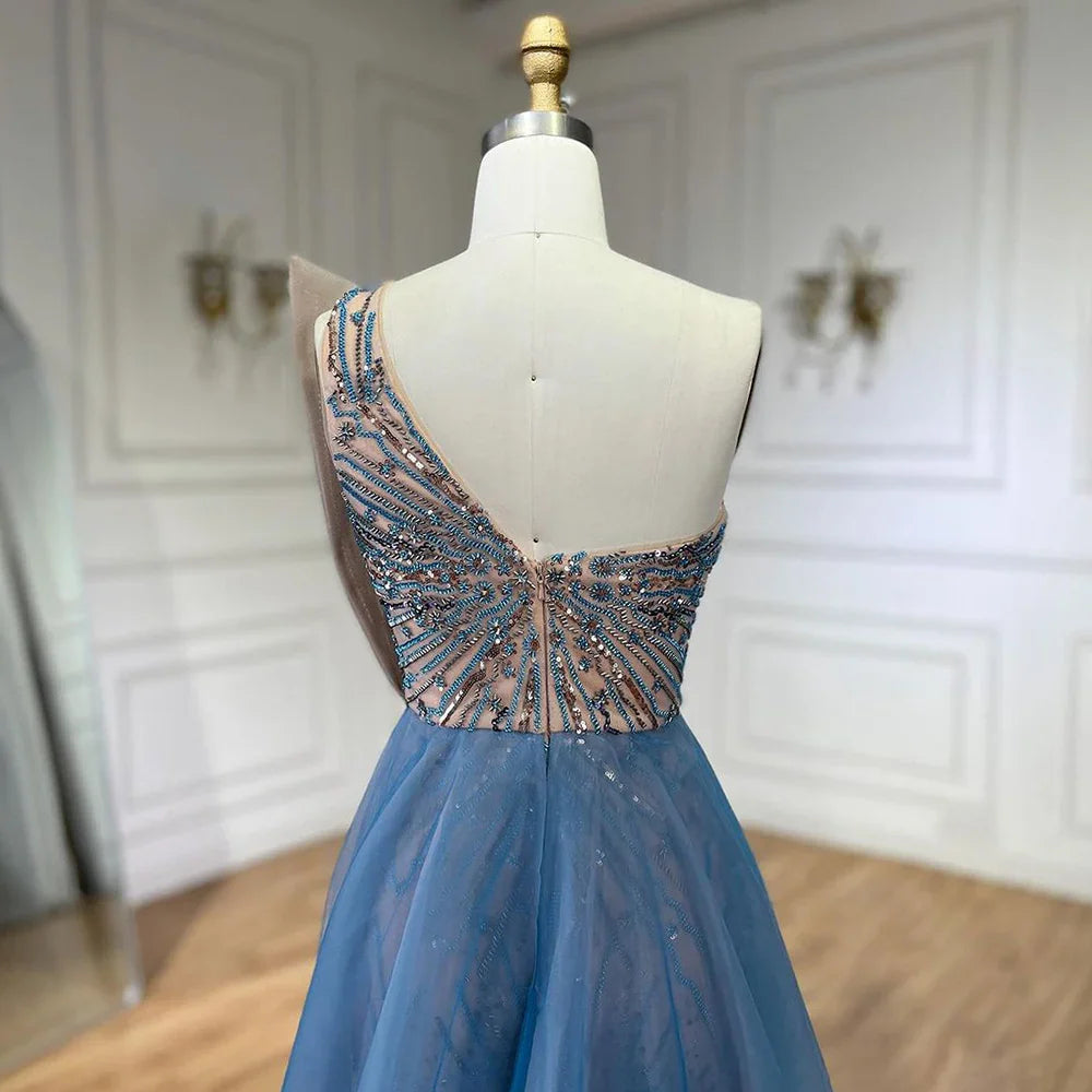 Vestido de noche azul de corte sirena con abertura alta y sobrefalda, de lujo, con cuentas, estilo Dubái, para mujer, para boda, fiesta, 2025, LA71921A