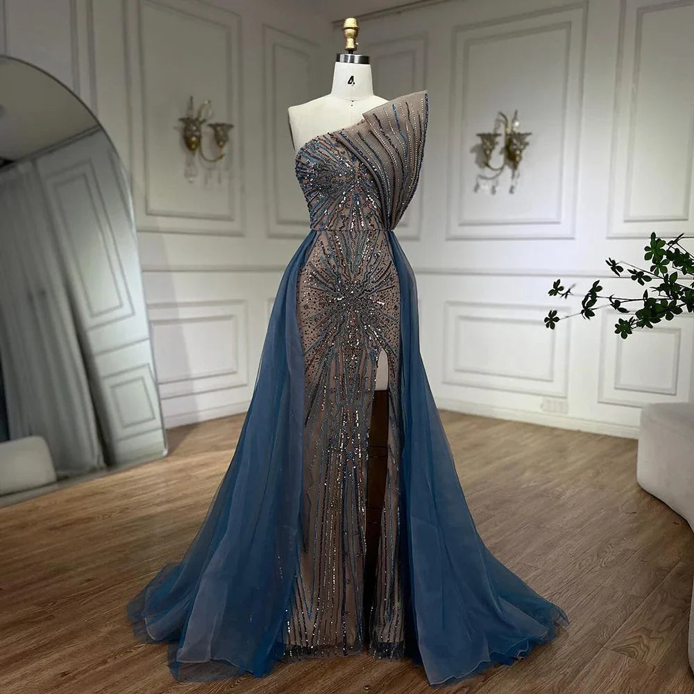 Vestido de noche azul de corte sirena con abertura alta y sobrefalda, de lujo, con cuentas, estilo Dubái, para mujer, para boda, fiesta, 2025, LA71921A