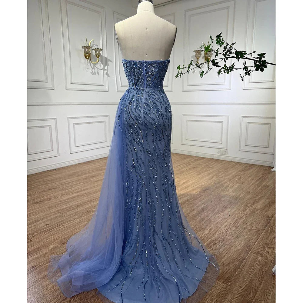 Vestido de noche azul con abertura alta y falda de sirena, sin tirantes y con cuentas, para mujer, fiesta 2025 LA71795